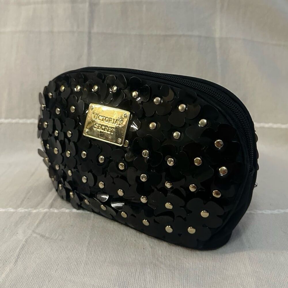 VICTORIA'S SECRET 3D BLACK + GOLD FLOWER PETAL MAKEUP BAG